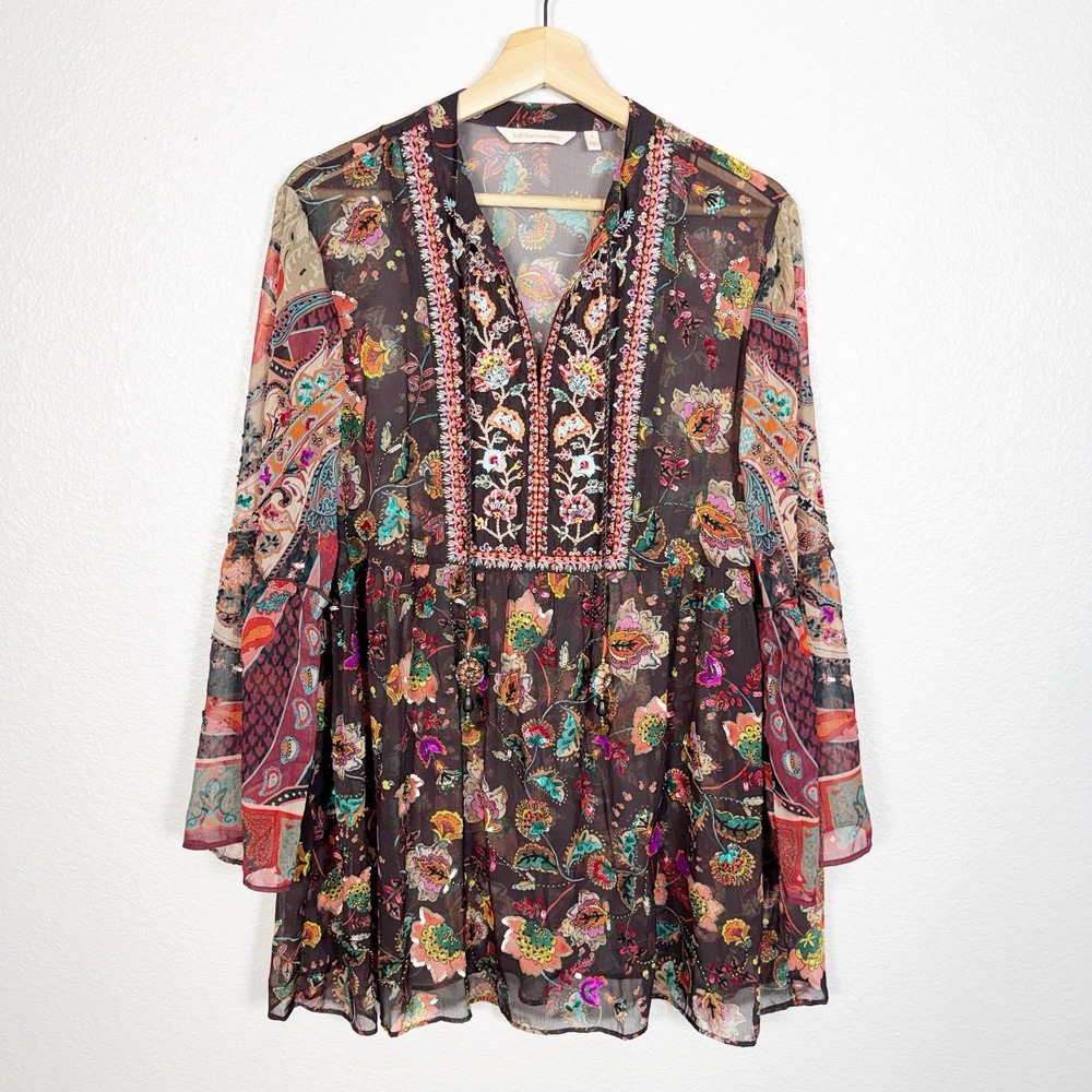 Soft Surroundings Embroidered Intricate Floral Tunic Blouse Women's Size L Boho